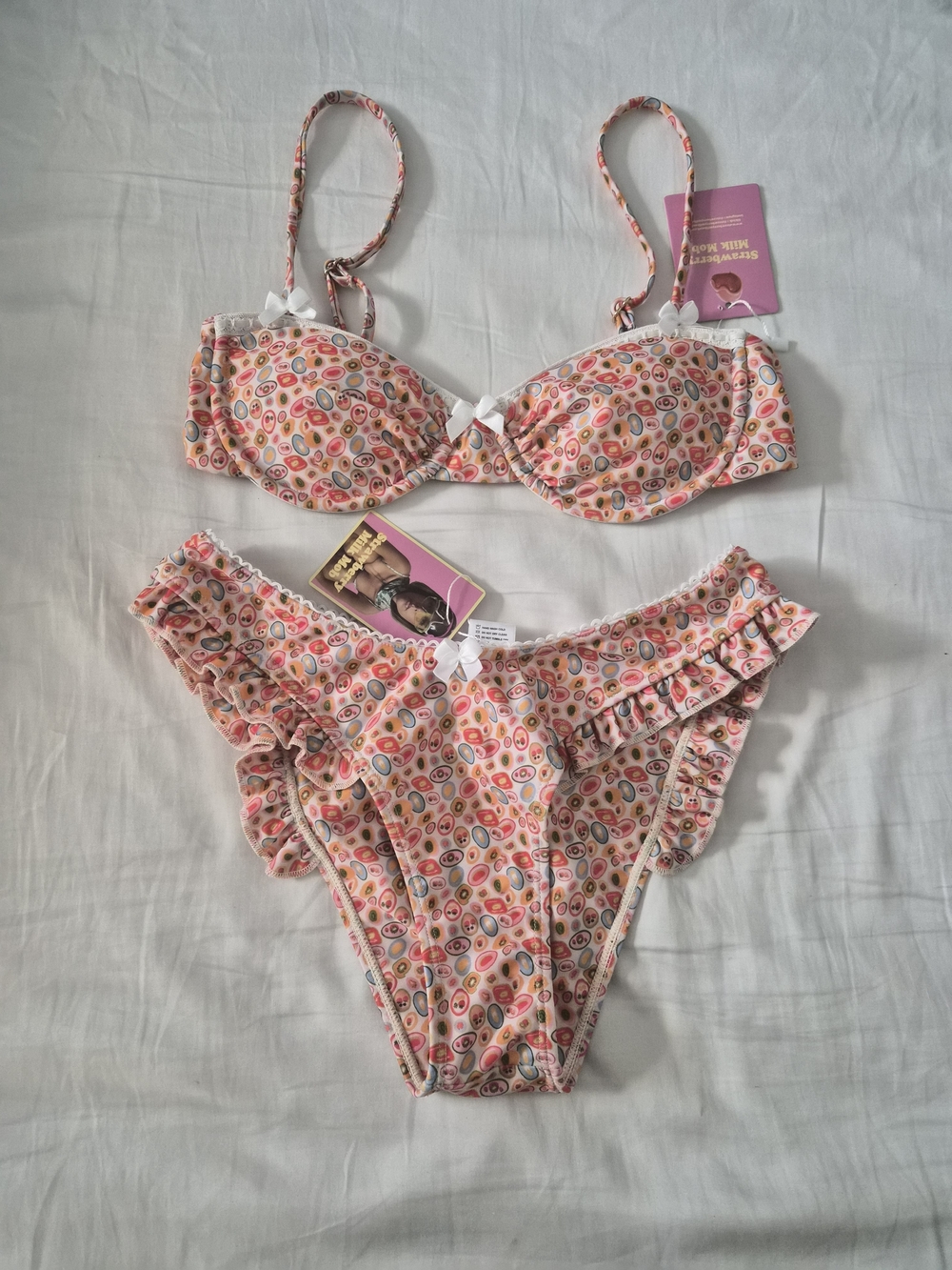 Strawberry Milk Mob Pink Multi-Print Ruffle Bikini Set